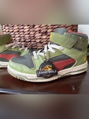 Kids Green and Red High-Top Puma Sneakers with Jurassic World Tag